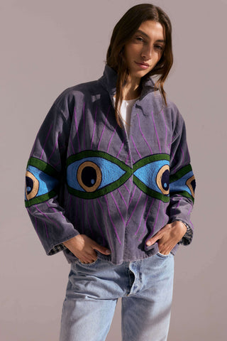 Embroidered Velvet Collared Jacket - Dusty Purple with Multi Eye