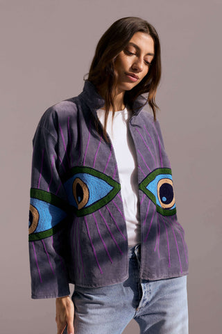 Embroidered Velvet Collared Jacket - Dusty Purple with Multi Eye