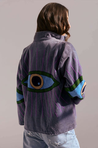 Embroidered Velvet Collared Jacket - Dusty Purple with Multi Eye