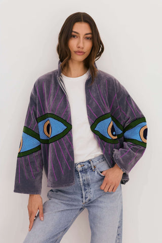 Embroidered Velvet Collared Jacket - Dusty Purple with Multi Eye