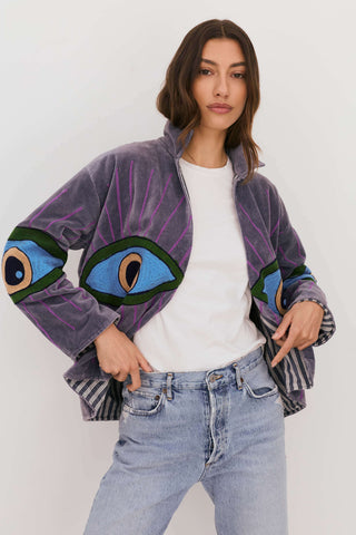 Embroidered Velvet Collared Jacket - Dusty Purple with Multi Eye