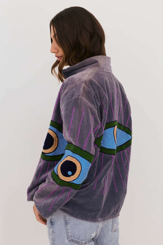 Embroidered Velvet Collared Jacket - Dusty Purple with Multi Eye