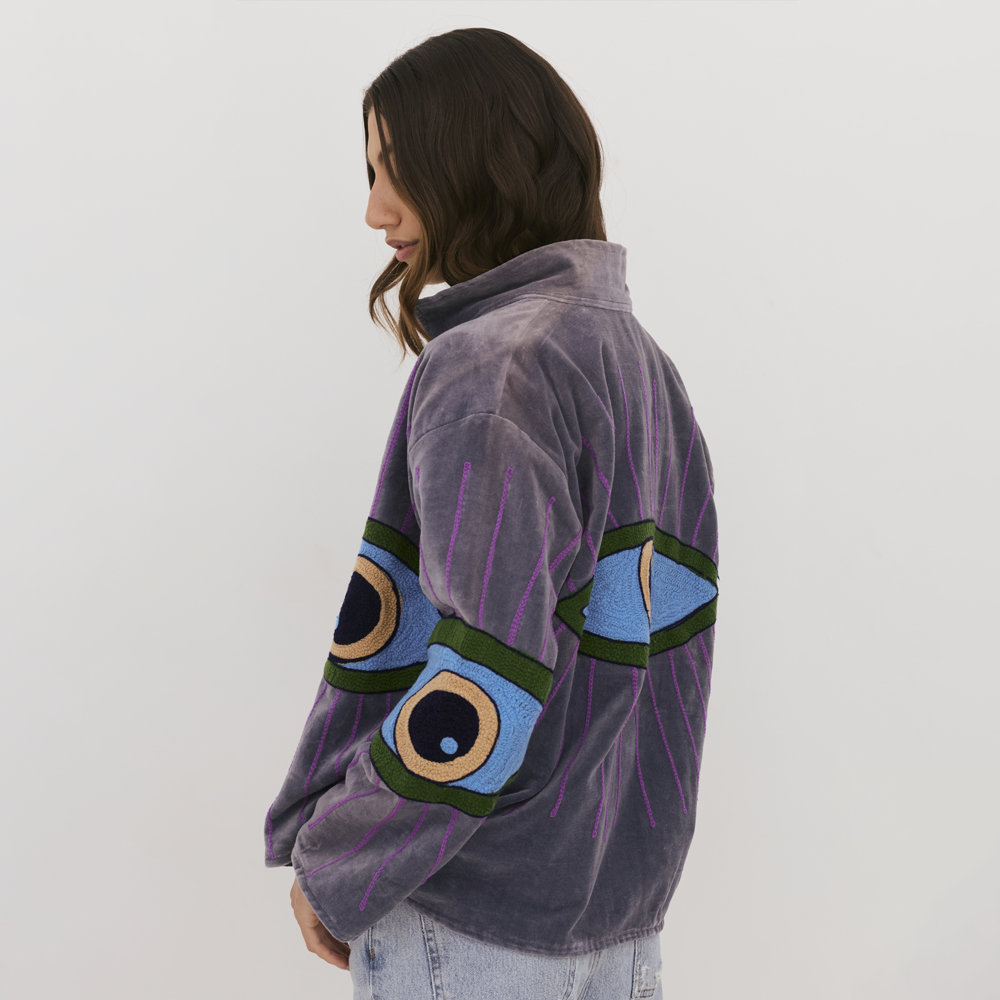 Embroidered Velvet Collared Jacket - Dusty Purple with Multi Eye