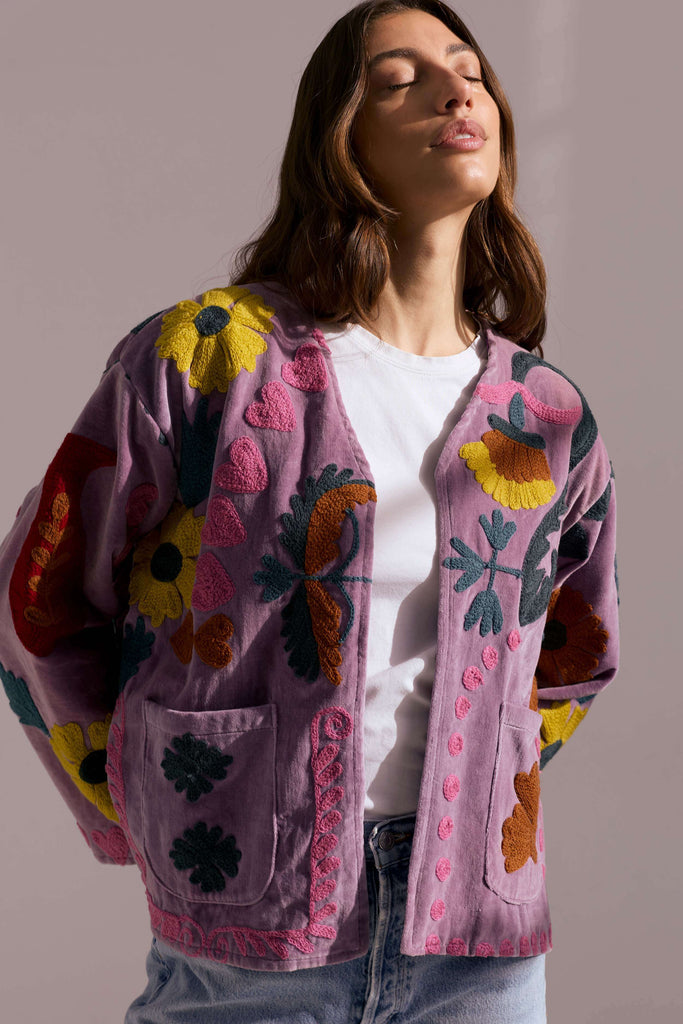 Embroidered Velvet Jacket - Purple with Multi Pattern