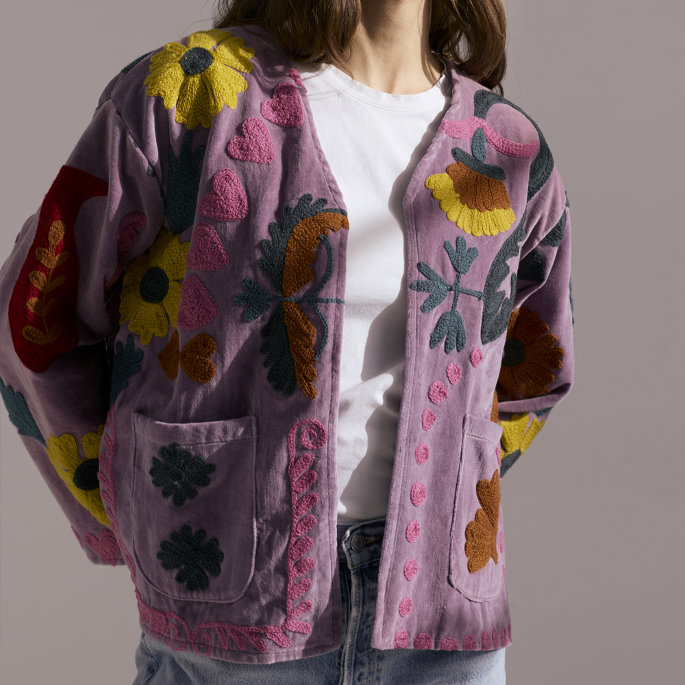 Embroidered Velvet Jacket - Purple with Multi Pattern
