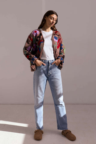 Embroidered Velvet Jacket - Dusty Brown with Multi Pattern