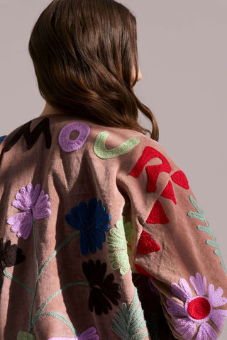 Embroidered Velvet Jacket - Dusty Brown with Multi Pattern