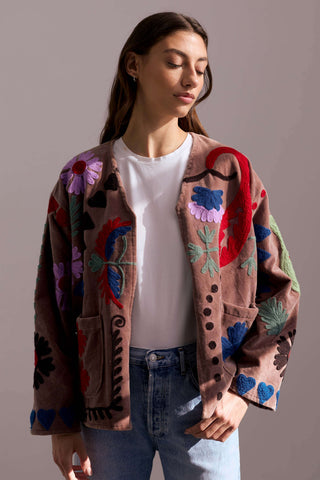 Embroidered Velvet Jacket - Dusty Brown with Multi Pattern