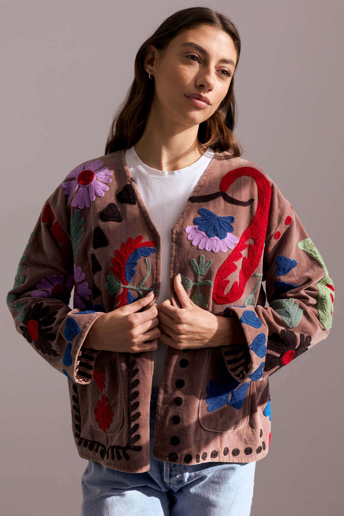 Embroidered Velvet Jacket - Dusty Brown with Multi Pattern