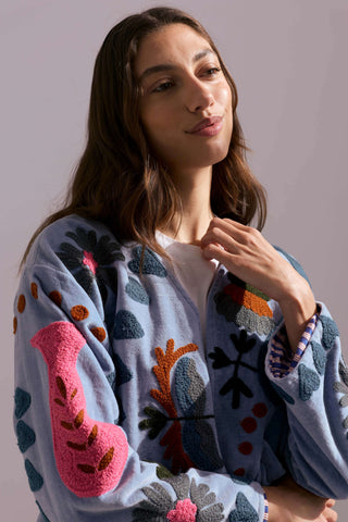 PRE-ORDER Embroidered Velvet Jacket - Dusty Blue with Multi Pattern