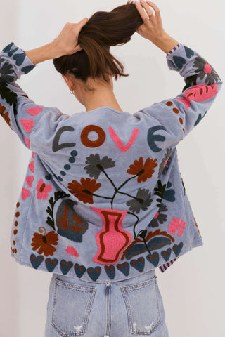 PRE-ORDER Embroidered Velvet Jacket - Dusty Blue with Multi Pattern