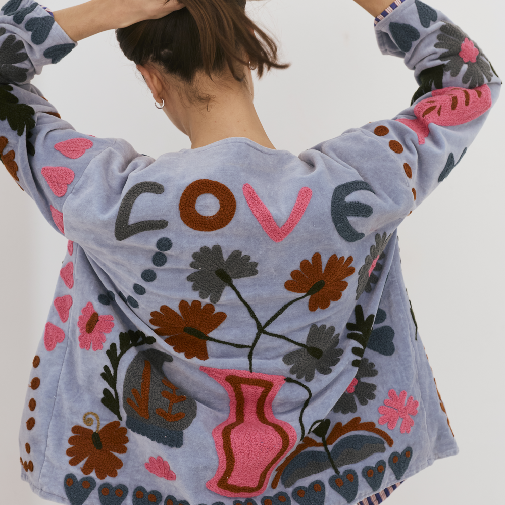 Embroidered Velvet Jacket - Dusty Blue with Multi Pattern