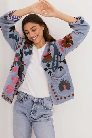 PRE-ORDER Embroidered Velvet Jacket - Dusty Blue with Multi Pattern