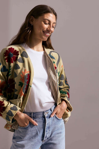 Embroidered Velvet Jacket - Light Green with Multi Pattern