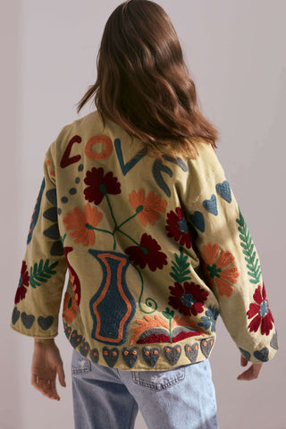 Embroidered Velvet Jacket - Light Green with Multi Pattern