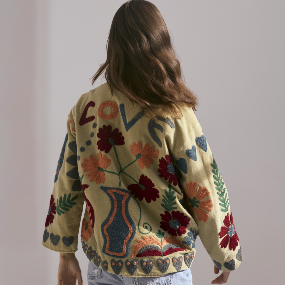 Embroidered Velvet Jacket - Light Green with Multi Pattern