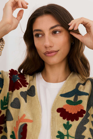 Embroidered Velvet Jacket - Light Green with Multi Pattern