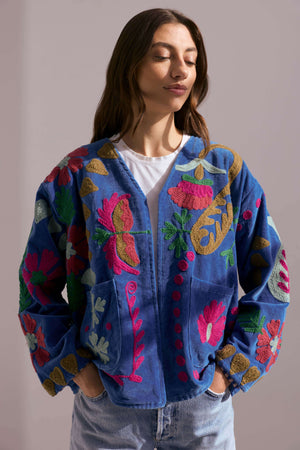 Embroidered Velvet Jacket - Bright Blue with Multi Pattern