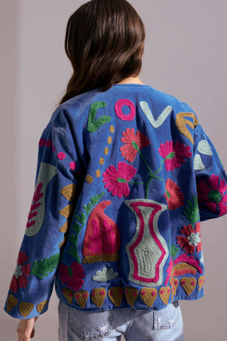 Embroidered Velvet Jacket - Bright Blue with Multi Pattern