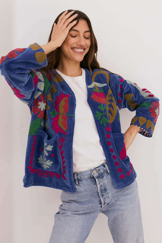 Embroidered Velvet Jacket - Bright Blue with Multi Pattern