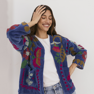 Embroidered Velvet Jacket - Bright Blue with Multi Pattern