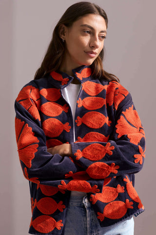 Embroidered Velvet Collared Jacket - Deep Navy with Red Motif