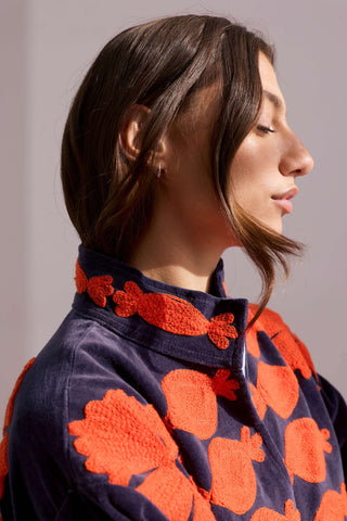 Embroidered Velvet Collared Jacket - Deep Navy with Red Motif