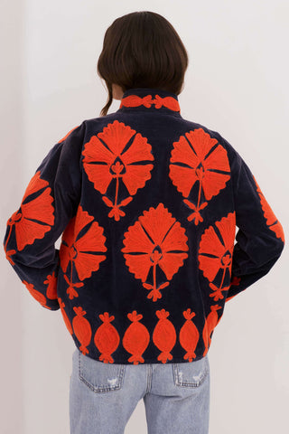 Embroidered Velvet Collared Jacket - Deep Navy with Red Motif
