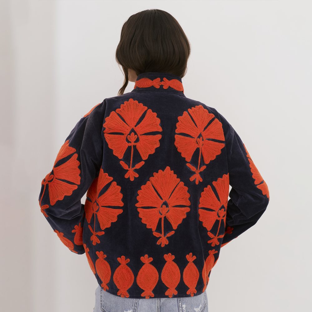 Embroidered Velvet Collared Jacket - Deep Navy with Red Motif