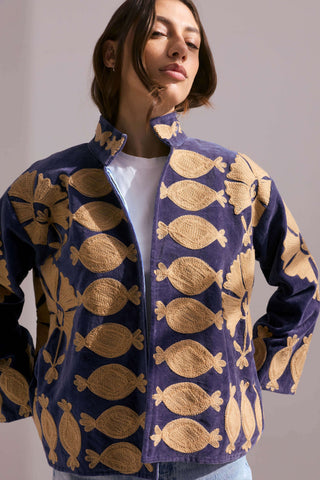 PER-ORDER Embroidered Velvet Collared Jacket - Deep Navy with Gold Motif