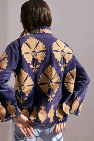 PER-ORDER Embroidered Velvet Collared Jacket - Deep Navy with Gold Motif