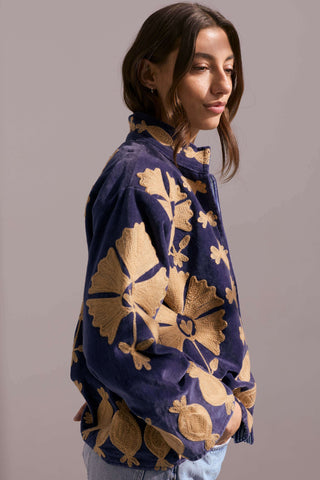 PER-ORDER Embroidered Velvet Collared Jacket - Deep Navy with Gold Motif