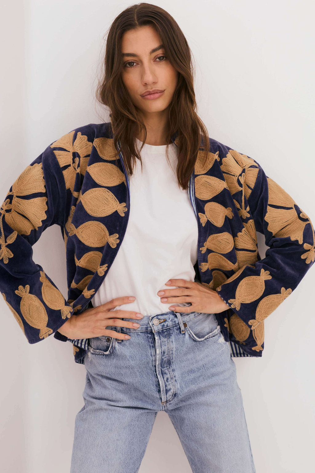 Embroidered Velvet Collared Jacket - Deep Navy – DEER RUBY