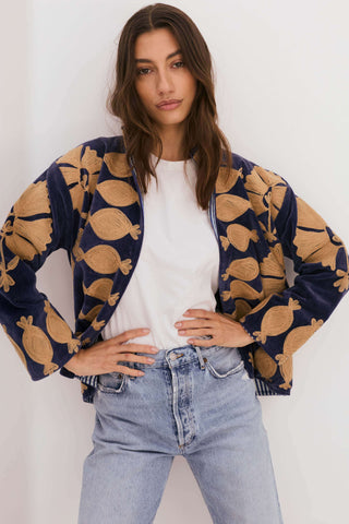 PER-ORDER Embroidered Velvet Collared Jacket - Deep Navy with Gold Motif