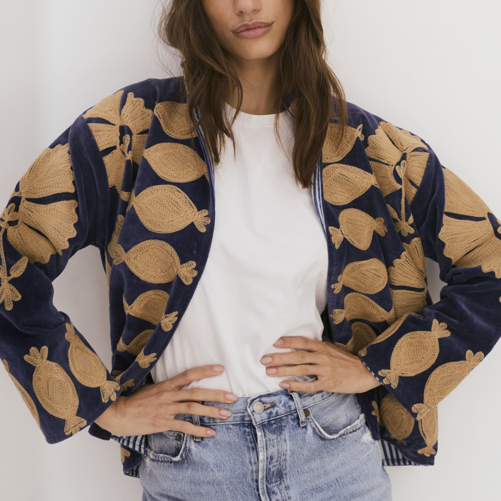 Embroidered Velvet Collared Jacket - Deep Navy with Gold Motif