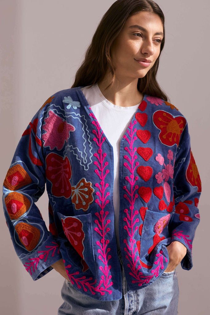 Embroidered Velvet Jacket - Mid Blue with Multi Pattern