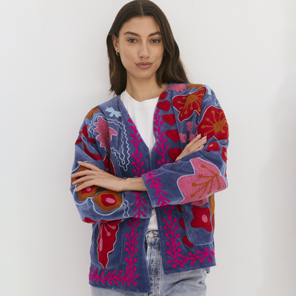 Embroidered Velvet Jacket - Mid Blue with Multi Pattern