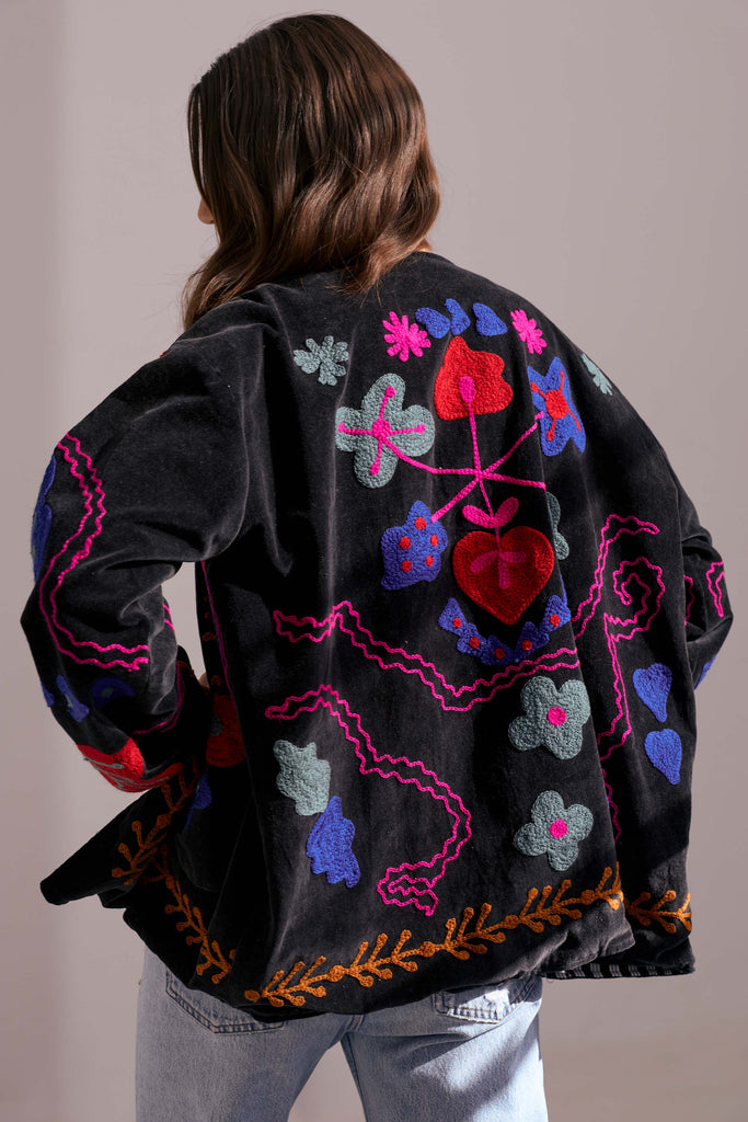 Embroidered Velvet Jacket - Black with Multi Pattern