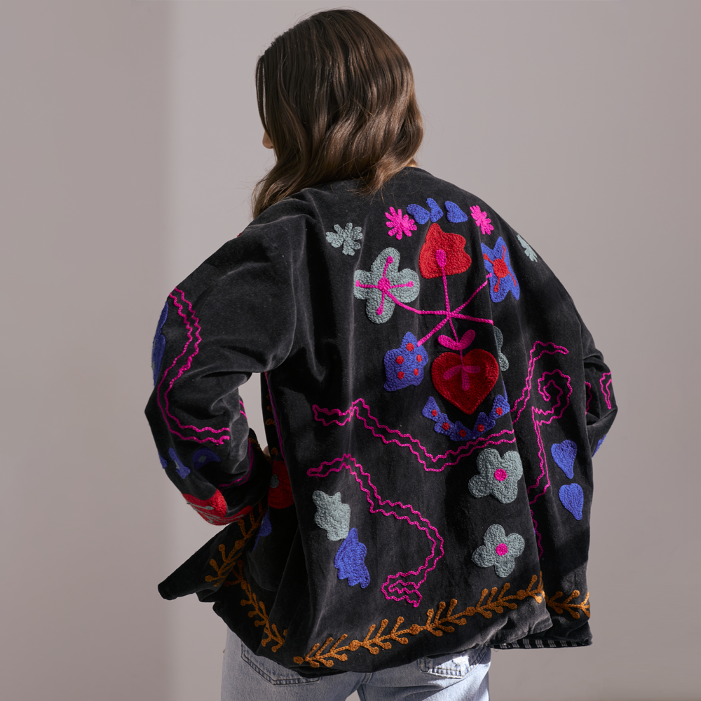 Embroidered Velvet Jacket - Black with Multi Pattern
