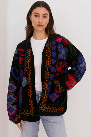 PRE-ORDER Embroidered Velvet Jacket - Black with Multi Pattern