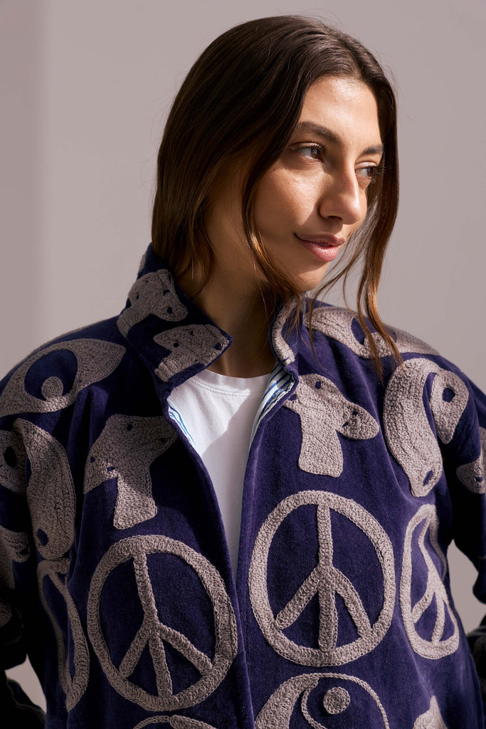 Embroidered Velvet Collared Jacket - Navy with Grey Symbols