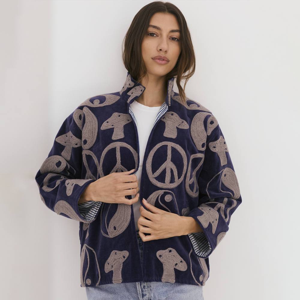 Embroidered Velvet Collared Jacket - Navy with Grey Symbols