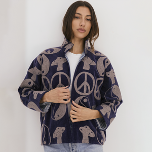 Embroidered Velvet Collared Jacket - Navy with Grey Symbols