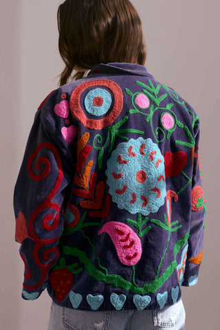 Embroidered Velvet Collared Jacket - Deep Blue with Multi Pattern