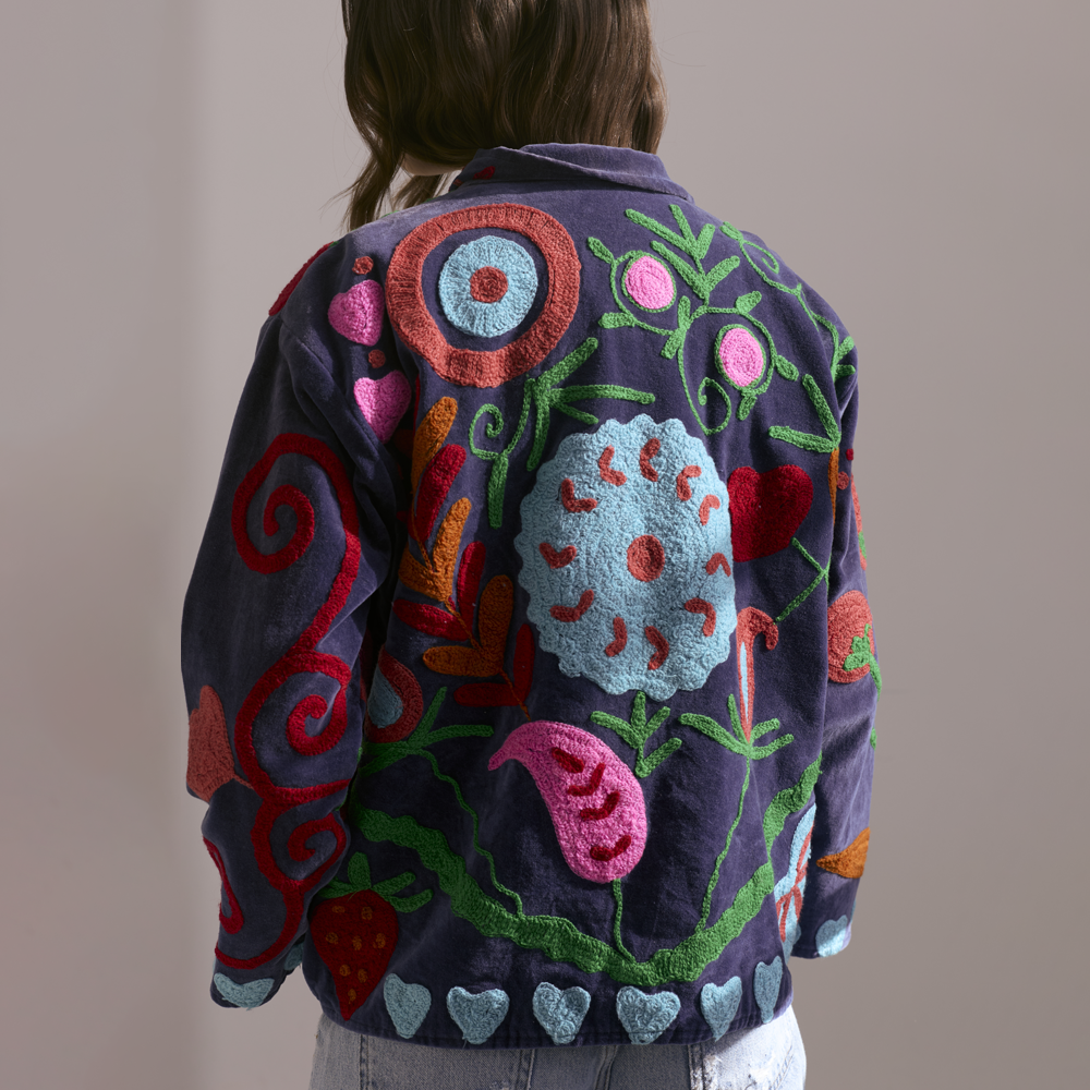 Embroidered Velvet Collared Jacket - Deep Blue with Multi Pattern