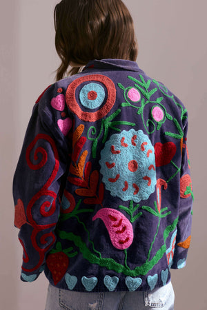 Embroidered Velvet Collared Jacket - Deep Blue with Multi Pattern