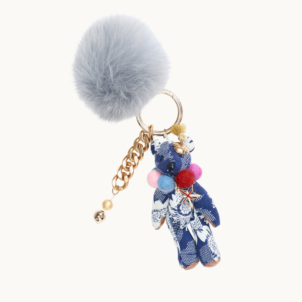 Bag Charm - Multi Coloured Teddy Bear & Grey Fluff