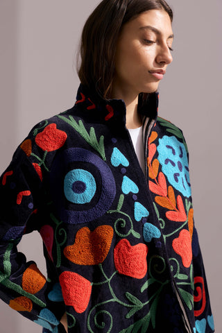 Embroidered Velvet Collared Jacket - Black with Multi Pattern