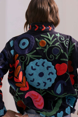 Embroidered Velvet Collared Jacket - Black with Multi Pattern