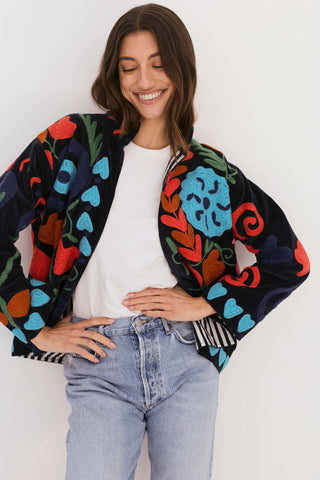 Embroidered Velvet Collared Jacket - Black with Multi Pattern